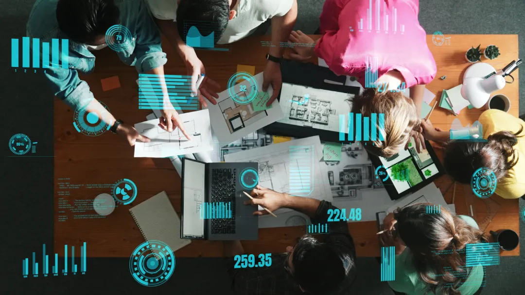 ai-and-human-strategy-for-marketing-image-3 (1) AI and human strategy for marketing shown as the top view of a team working together
