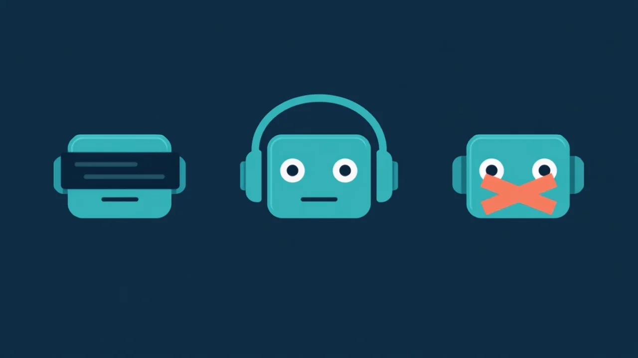 Three robots wearing a blindfold, headphones, and mouth tape, illustrating AI cold outreach that ignores the prospect