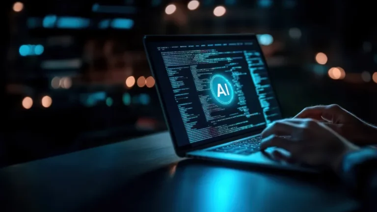 ai-content-strategy-small-business-hero-image-1 AI content strategy for small business shown as a person editing a draft on a laptop surrounded by generic AI output